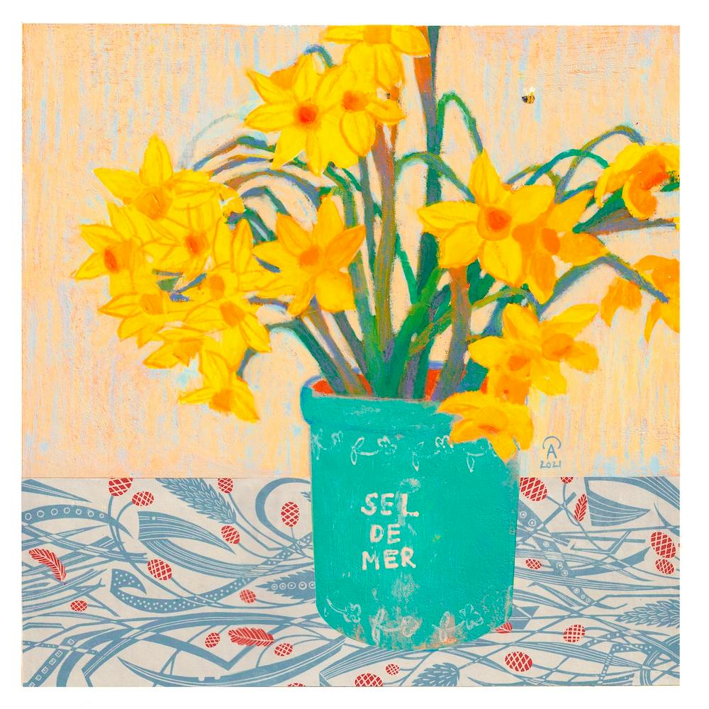 Yellow Daffodils In A Teal Salt Jar Square