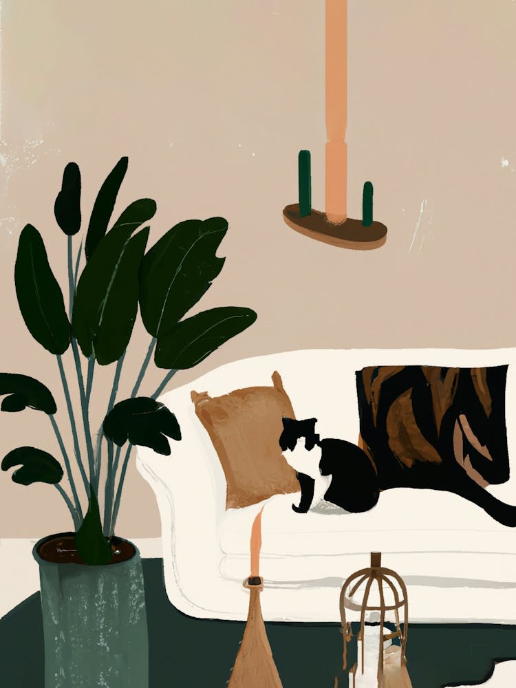 Boho Living Room With A Black Cat