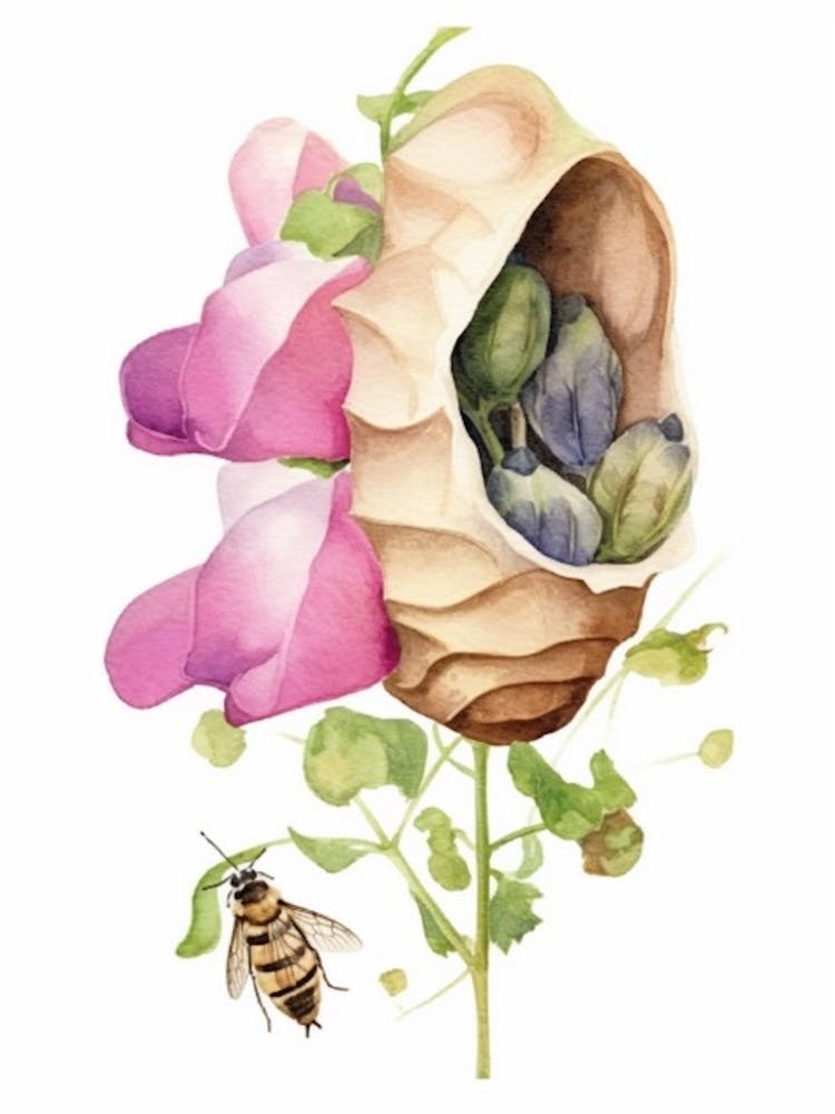 Beehive With Sweet Pea Watercolour Illustration 1