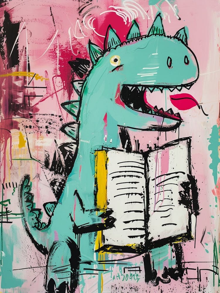 Dinosaur Reading A Book Pink Blue Graffiti Brushstroke 3