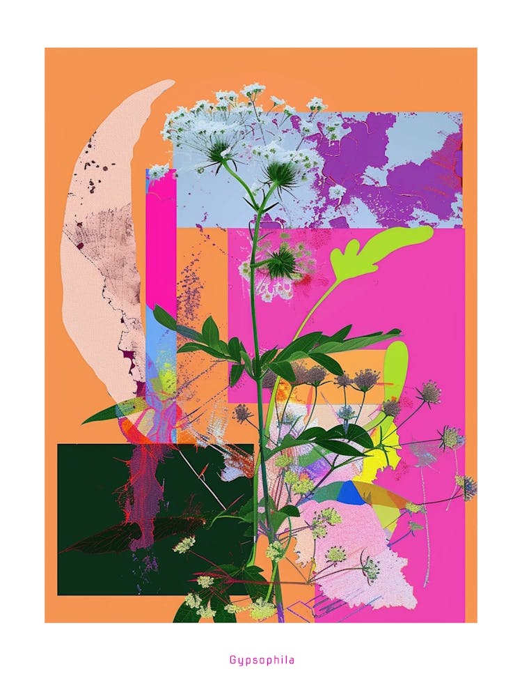 Gypsophila (Baby S Breath) 1 Neon Flower Collage Poster