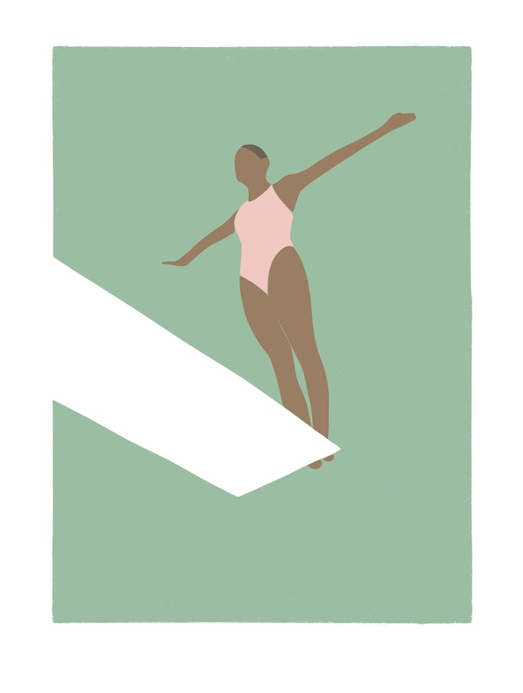 Woman on diving board in vintage green