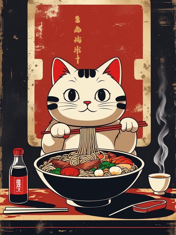 Asian Cat Eating Noodles 1
