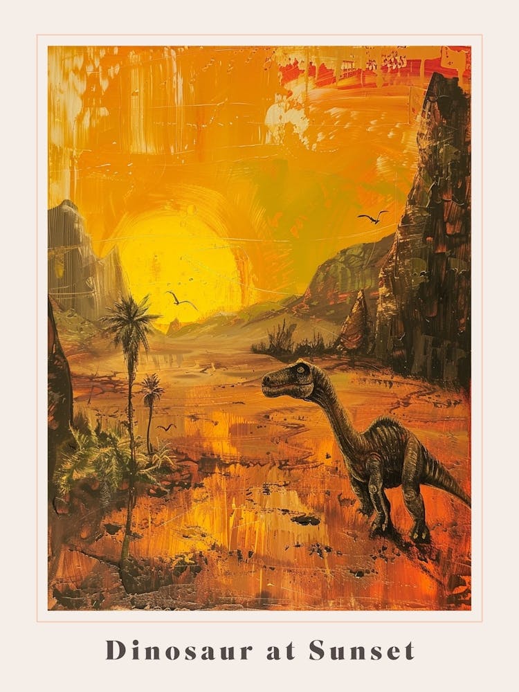 Dinosaur At Sunset Painting Poster