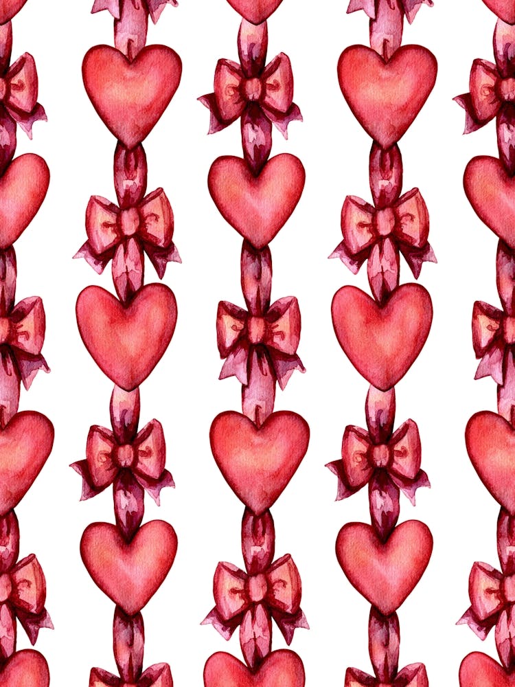 Hearts And Bows Red Ribbons Watercolor
