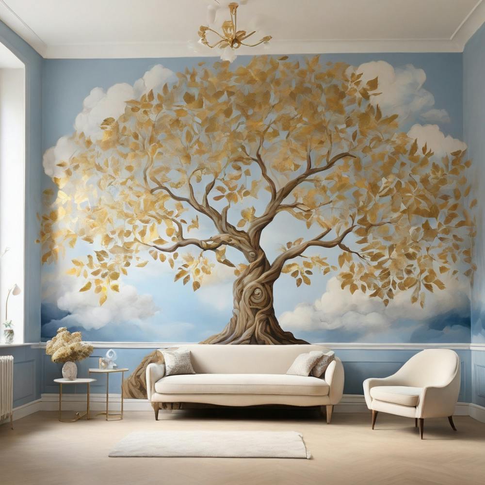 Golden leaves with blue and white background