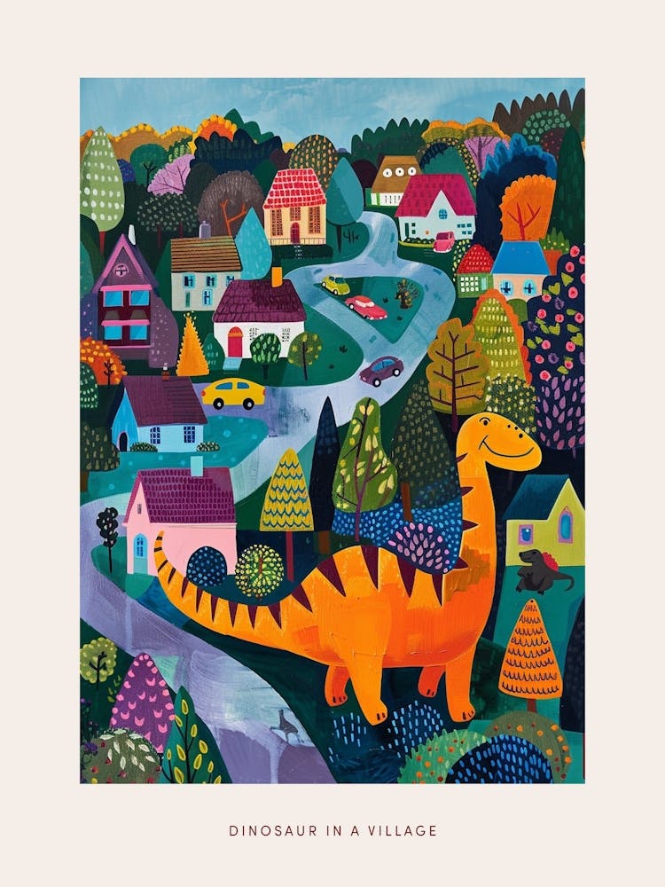 Cute Colourful Dinosaur In A Village 4 Poster