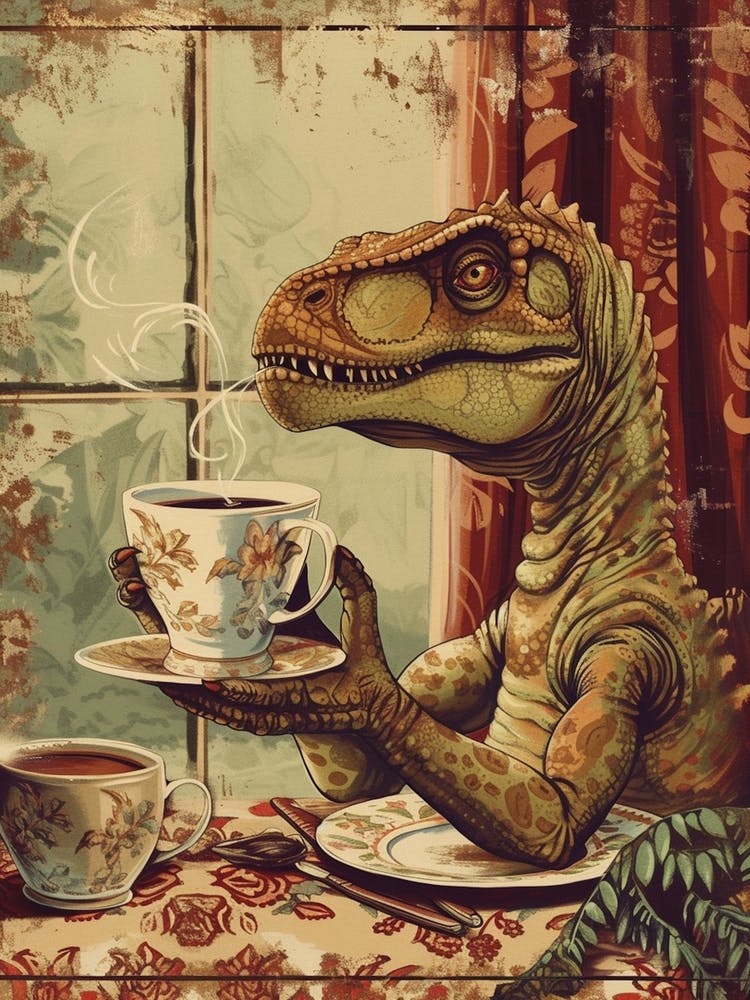 Dinosaur Drinking Coffee Retro Collage 1