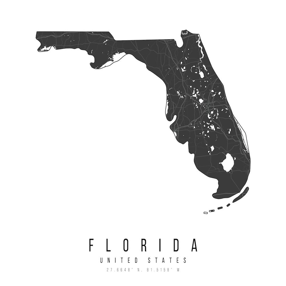 Florida Mono Black And White Modern Minimal Street Map Square