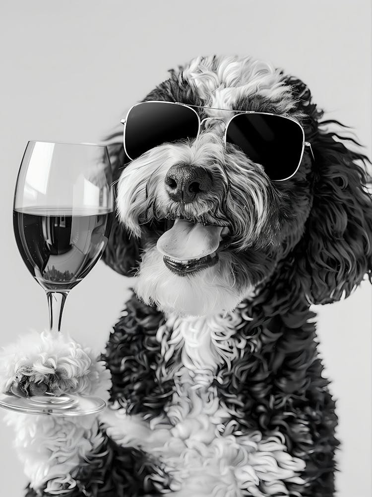 Bernedoodle Drinking Wine Wall Art, Black And White Print, Bar Cart Print, Dog Gift, Funny Dog Poster, Bar Decor, Kitchen Decor