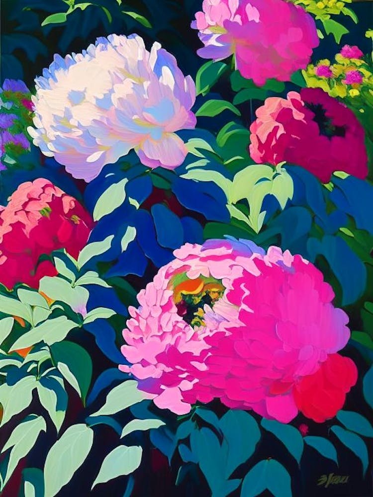 Japanese Peonies In A Garden Colourful Painting