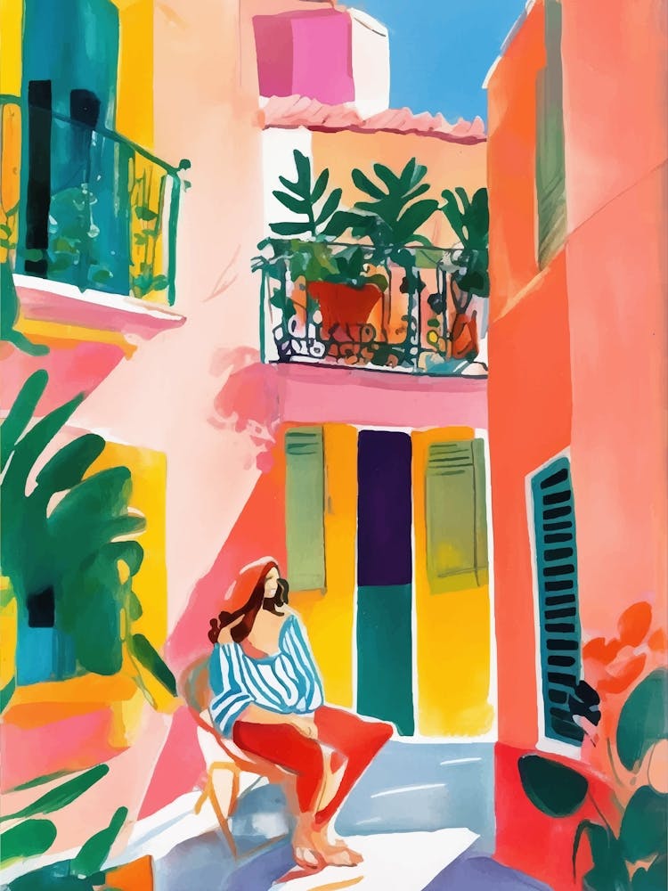 Watercolor woman sitting looking at the neighborhood