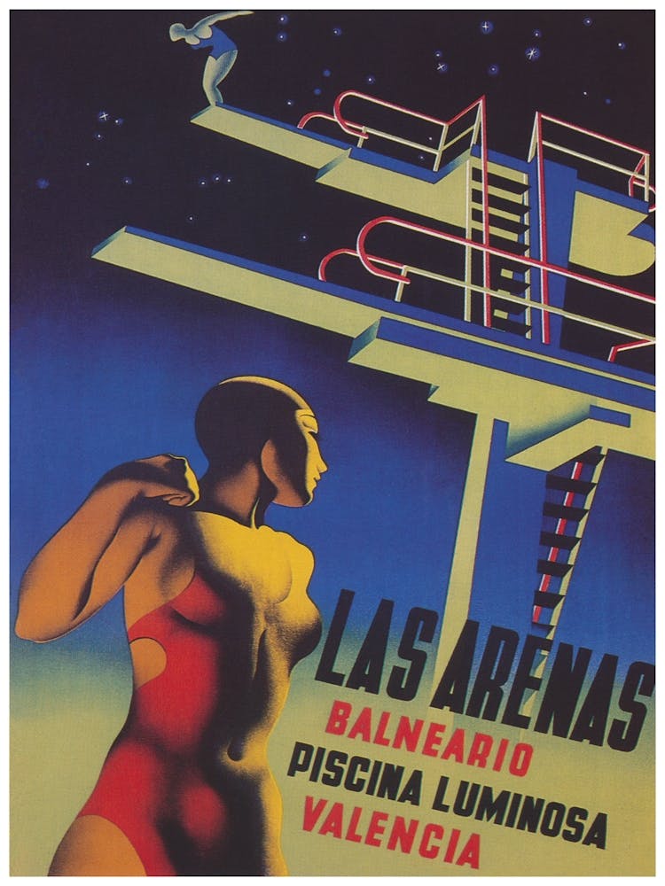 Divers At Pool at Night in Spain Vintage Poster