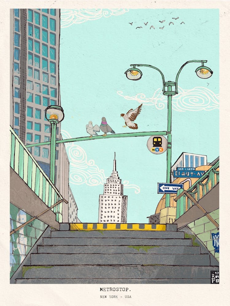 Arrêt de Métro Manhattan NYC - Illustration de Paysage Urbain Fantaisiste - Art Mural Coloré de New York City - Décoration Murale d'Art