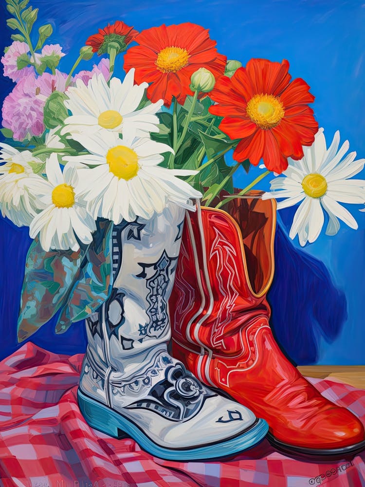 Oil Painting Of Wild Flowers And Cowboy Boots, Oil Style 2