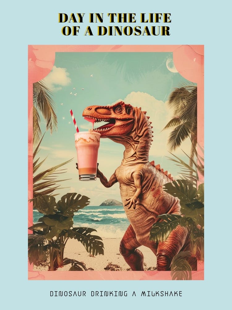 Dinosaur Drinking A Milkshake Retro Collage 1 Poster