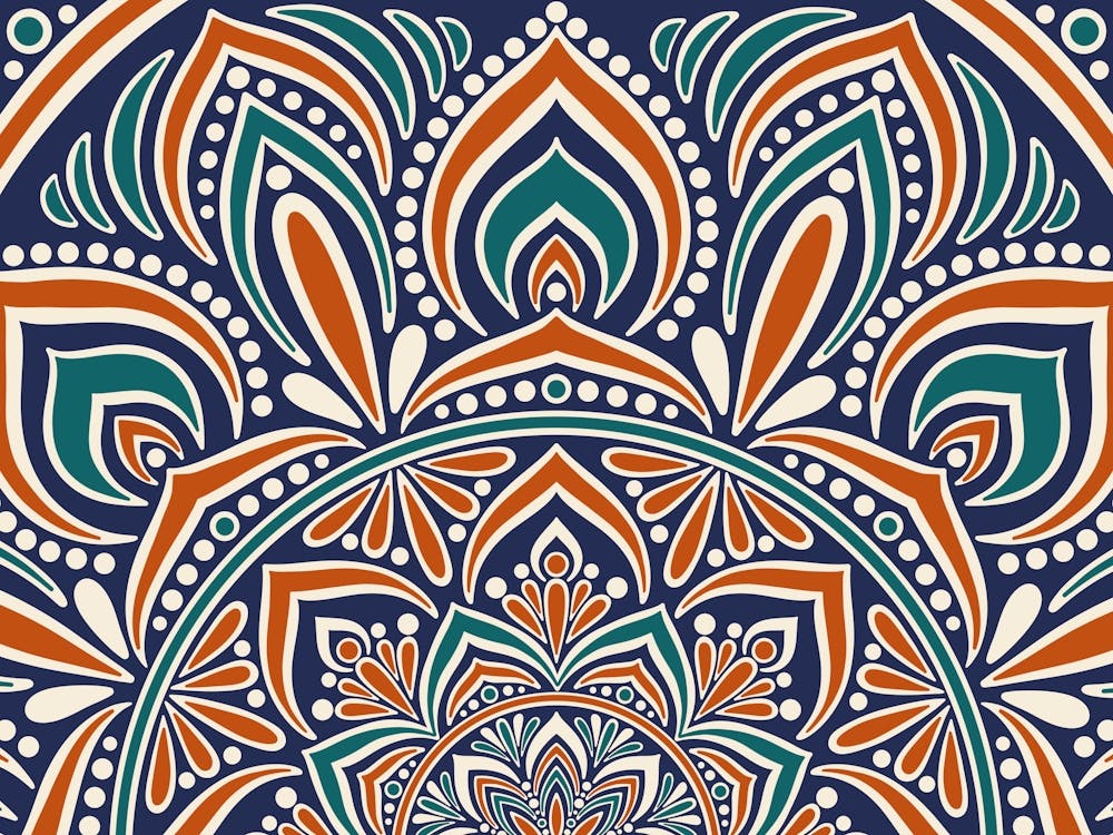 Wa240022 - Intricate Orange and Teal Mandala on Dark Blue - Vibrant Geometric Art