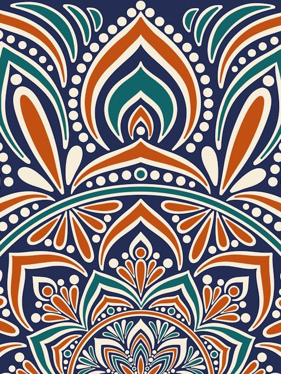 Wa240022 - Intricate Orange and Teal Mandala on Dark Blue - Vibrant Geometric Art