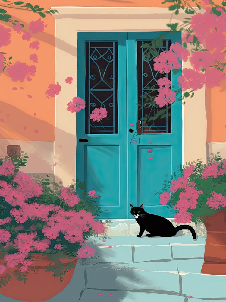 Black Cat Mediterranean Door And Pink Flowers