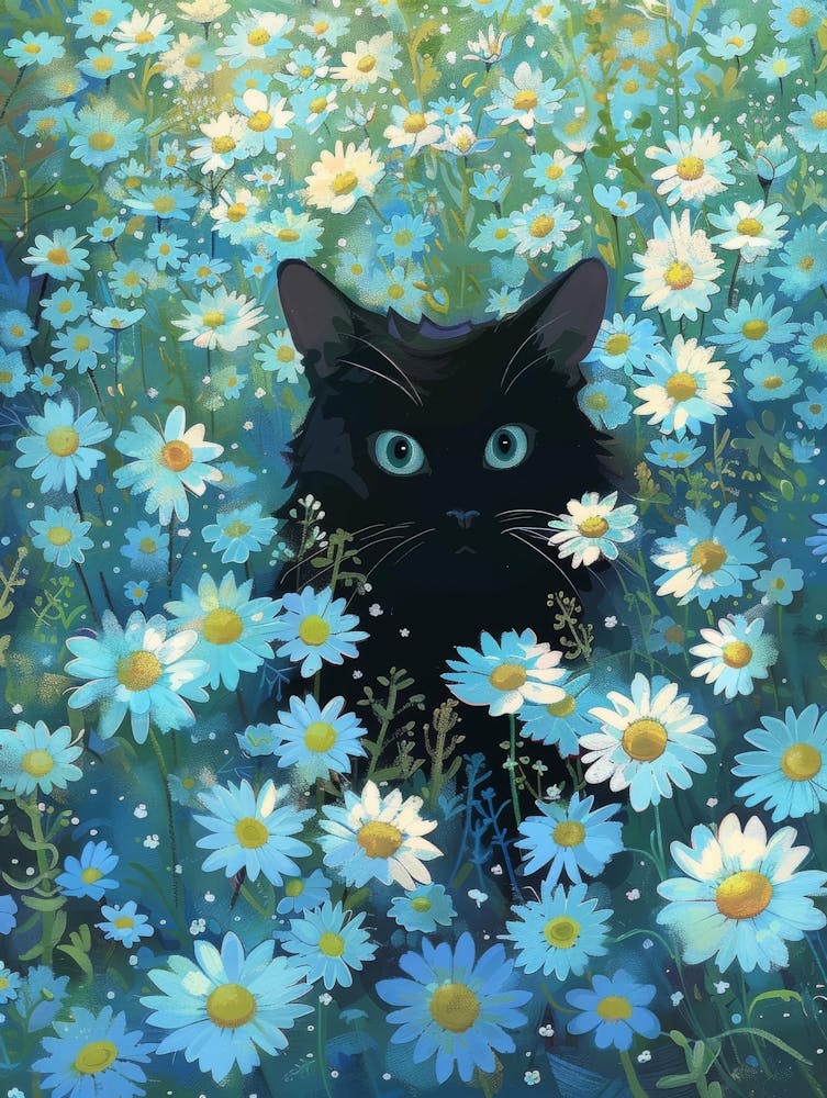 Black Cat In Daisies 1