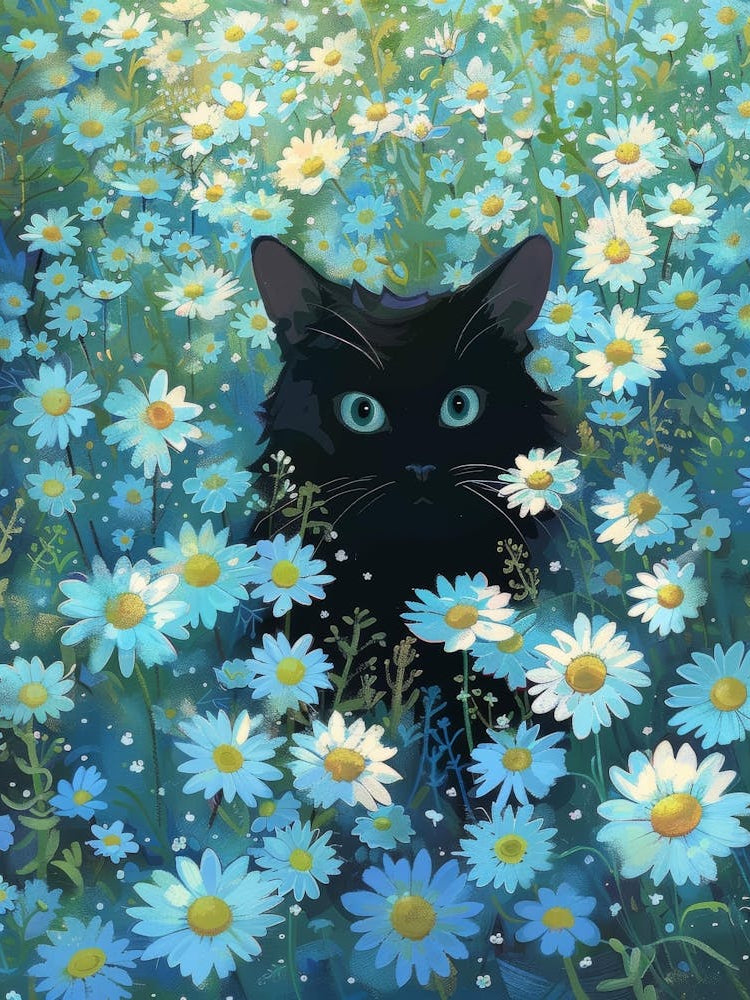 Black Cat In Daisies 1