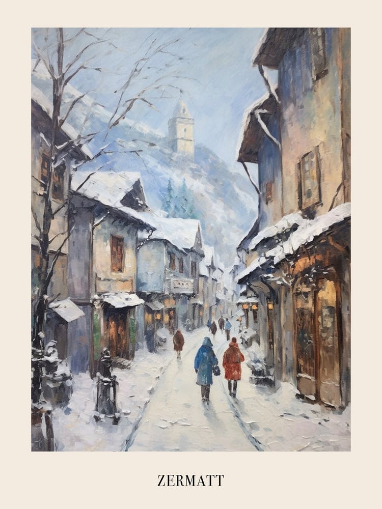 Vintage Winter Painting Poster Zermatt Switzerland 2