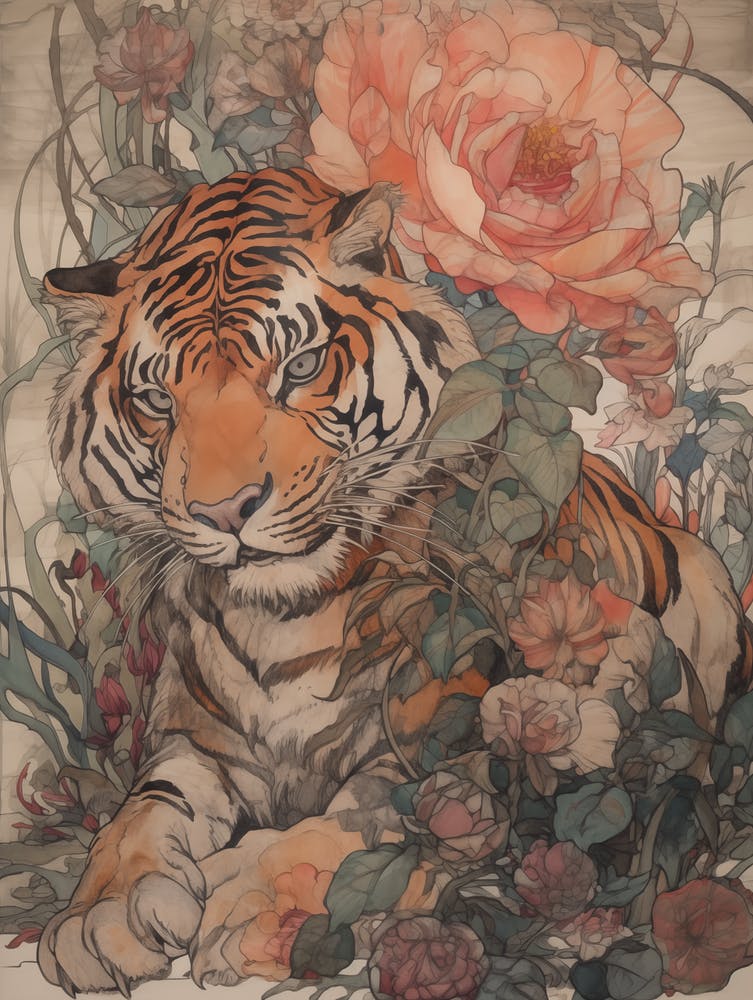 Tiger With Peonies