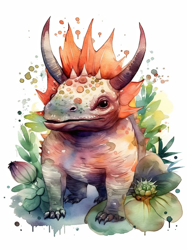 Styracosaurus Cute Dinosaur Watercolour 3