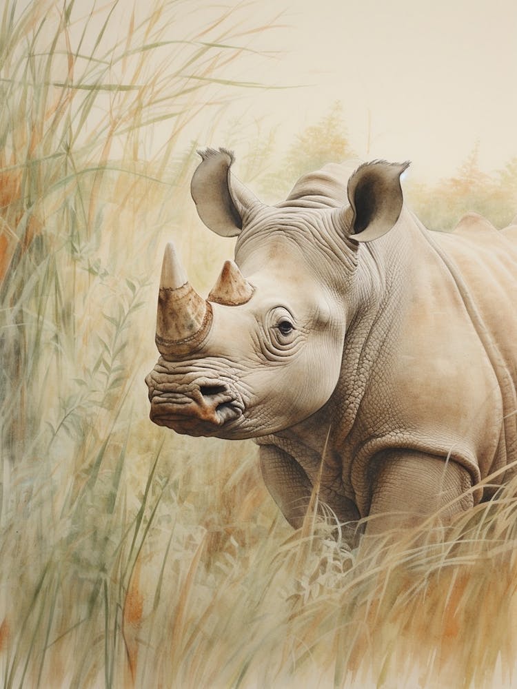 Rhino In The Leaves Vintage Illustration 1