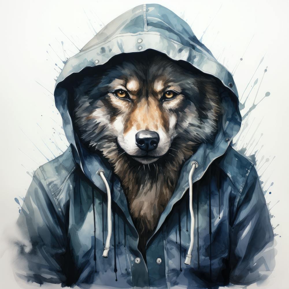 Watercolour Cartoon Wolf In A Hoodie 1