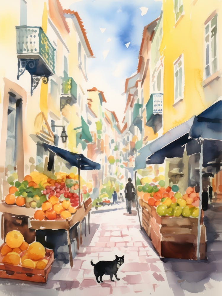 Food Market With Cats In Porto 4 Watercolour
