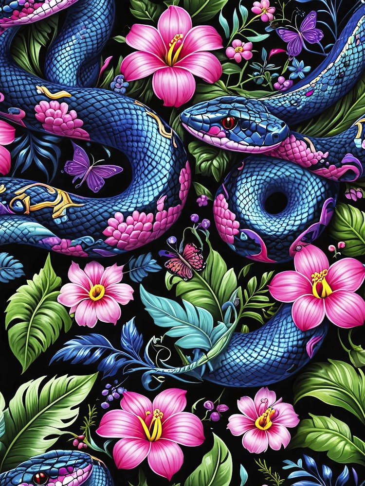 Tropical snakes and flowers - Chinese New Year 2025, seamless floral poster