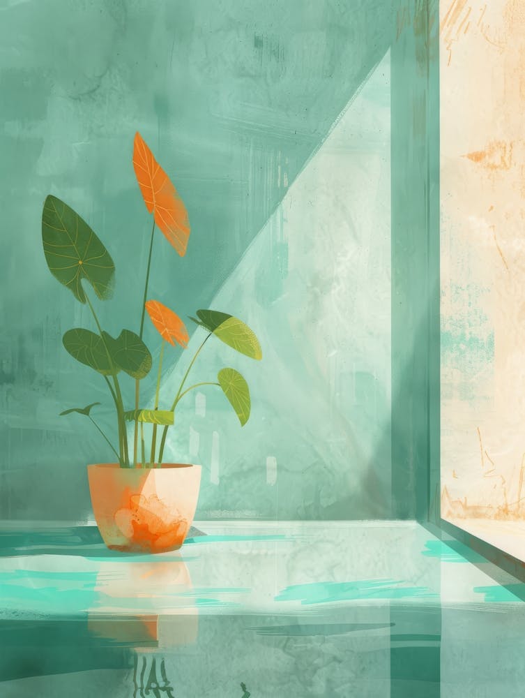 Watercolor Plant On Window Sill