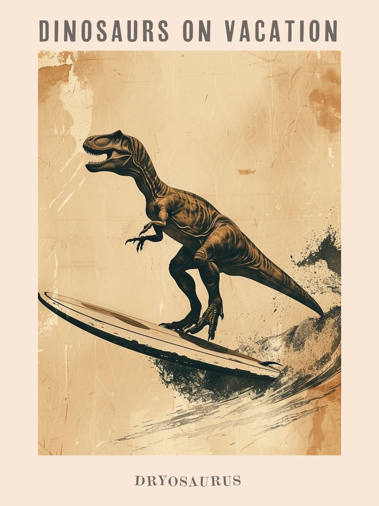 Vintage Dryosaurus Dinosaurier auf einem Surfbrett 2 Poster
