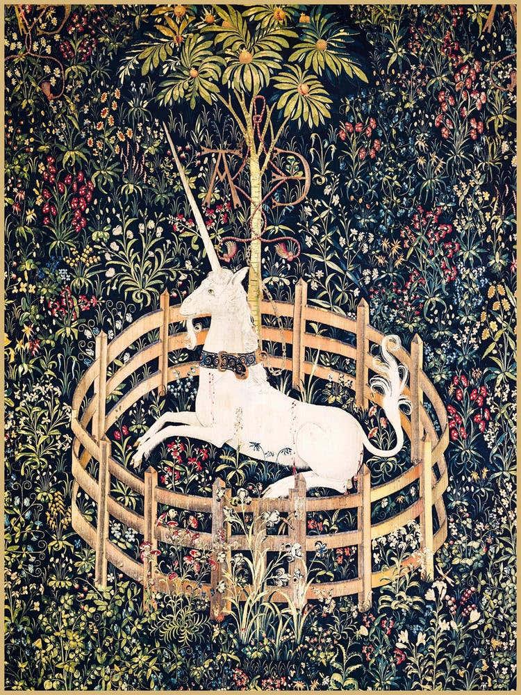 "The Unicorn Rests in a Garden," Also Called "The Unicorn in Captivity," is the Best-Known of the Unicorn Tapestries (1495-1505) Designed in Paris. Looted during the French Revolution. Rare Remastered Tapestry Art Ancient Relic High Definition