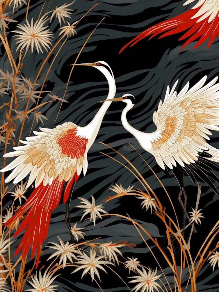 Grues Noires Et Rouges 3 Botanique Japonaise Vintage