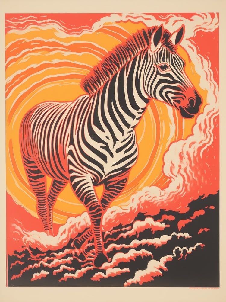 Zebra Running Linocut Inspired  2