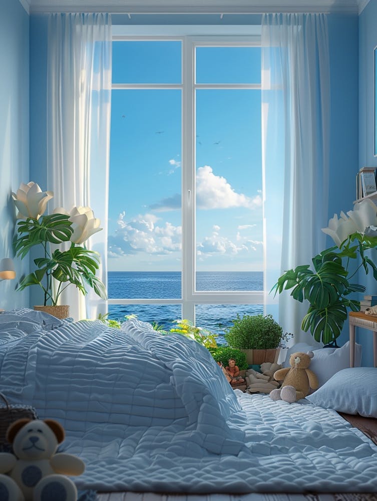 Bedroom With Bed, Table And Lazy Sofa, Ins Style, White Curtains, White Quilt, Light Blue Walls, White Tulip Lamps, Sea Outside The Window, Potted Plants, Stuffed Animals, Panoramic Shot, Sunny, Photorealistic, Realistic, High Leve 1