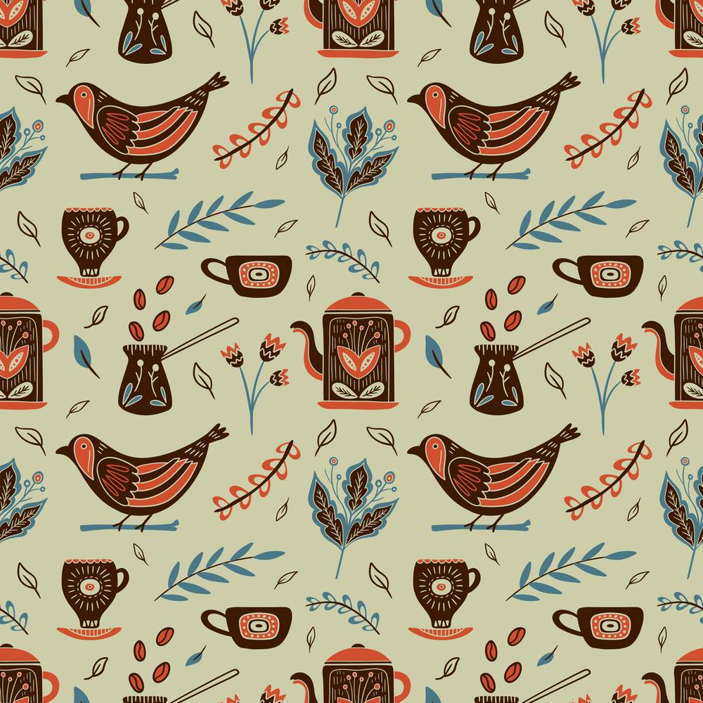 Seamless Pattern In Vintage Style Teapot With Ornament Floral Elements Folk Mood Faded Colors Black And Orange Illustration