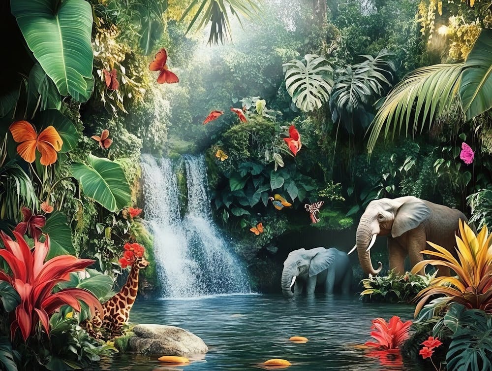 3d Jungle Scene With Exotic Animals Painting