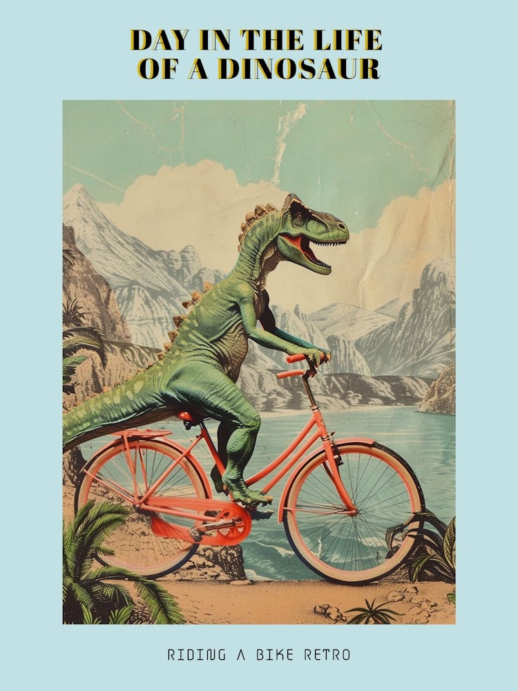 Dinosaur Riding A Bike Retro Collage Poster