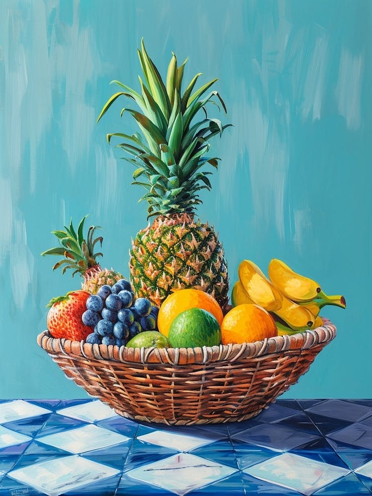 Tropical Fruit Basket Blue Checkerboard 1
