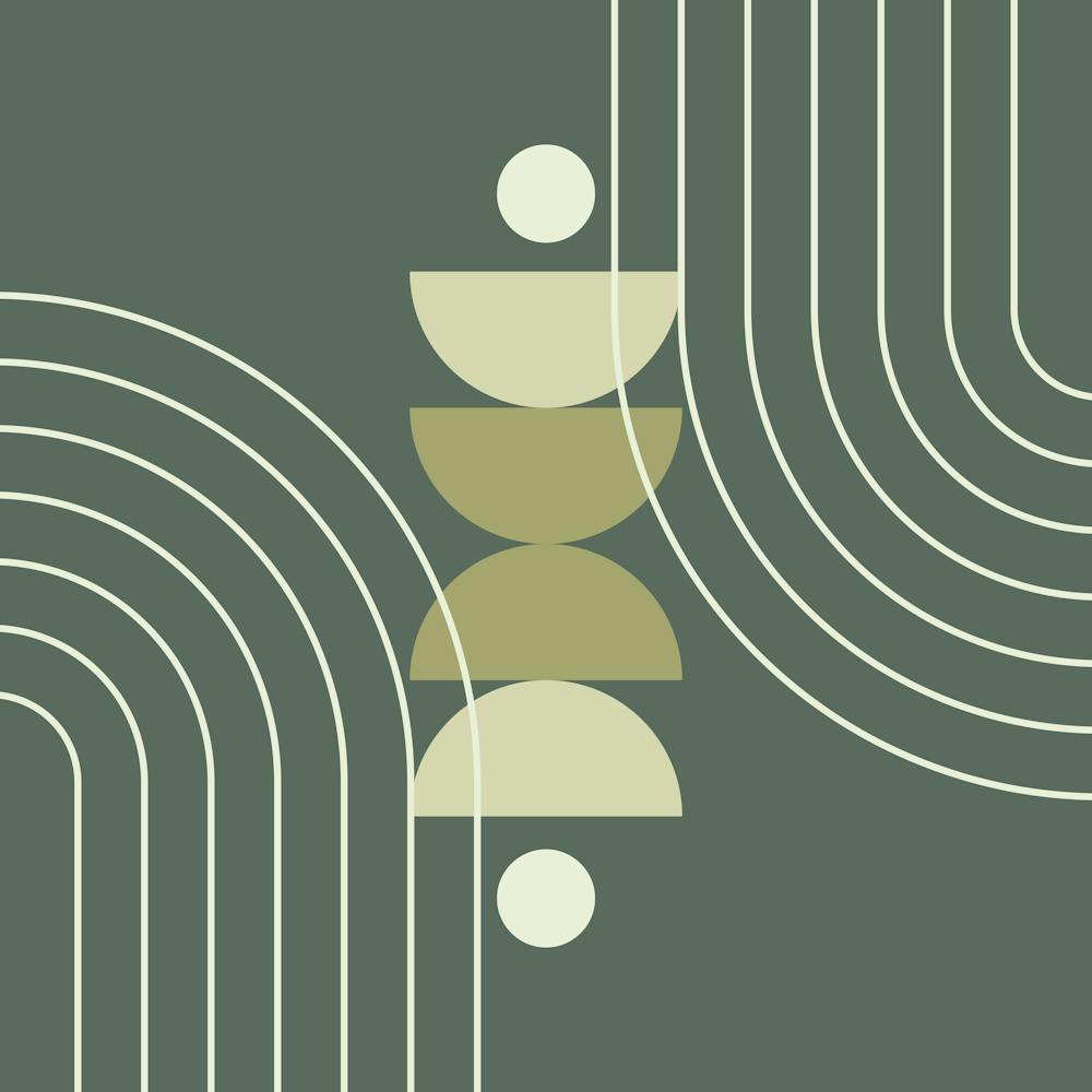 Modern Mid Century Sun, Moon Phases and Rainbow Abstract 33 in Forest Sage Green