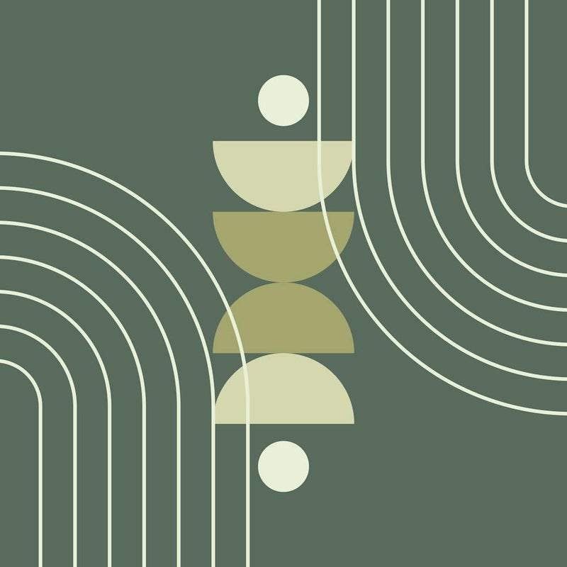 Modern Mid Century Sun, Moon Phases and Rainbow Abstract 33 in Forest Sage Green