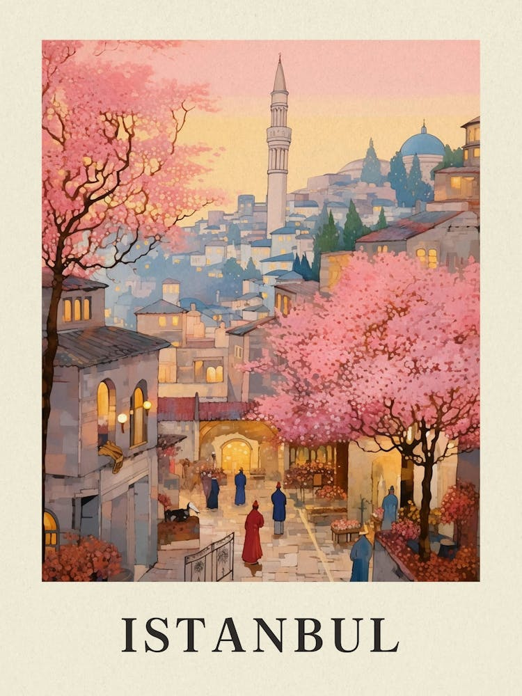 Istanbul Turkey 8 Vintage Pink Travel Illustration Poster