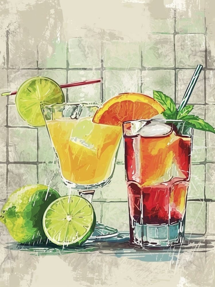 Fruity Cocktail Watercolour Tiled