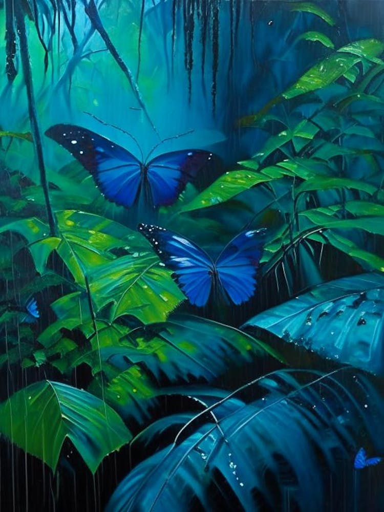 Morpho Butterflies In Rain Forest Oil Painting 1