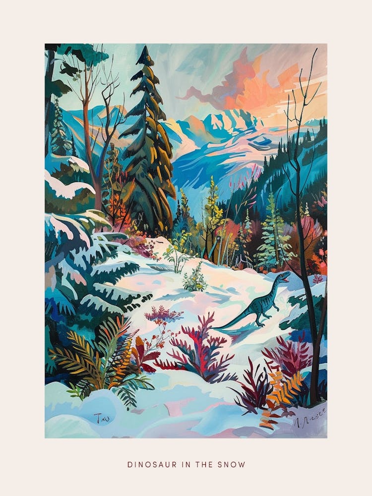 Colourful Dinosaur In A Snowy Landscape 3 Poster