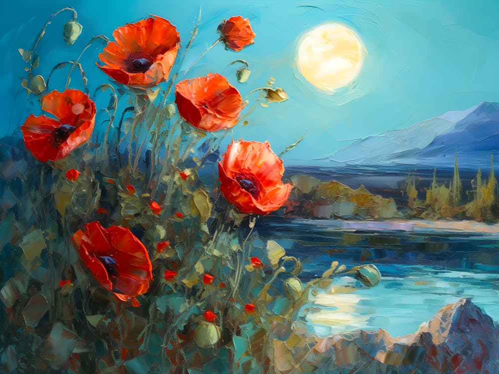Moonlit Poppies Impressionist Floral Landscape With Red Blooms & Night Sky