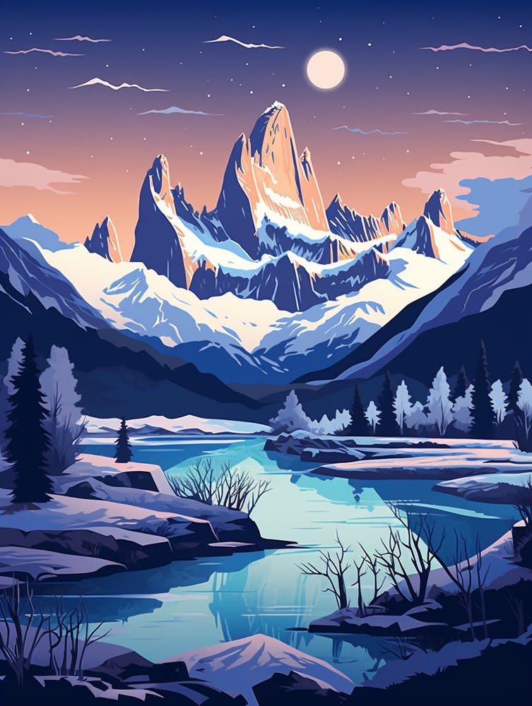 Winter Travel Night Illustration Patagonia Argentina